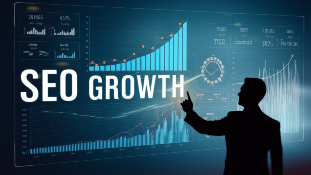 An illustrative image about: A professional, clean digital dashboard displaying glowing data visualizations: rising organic traff