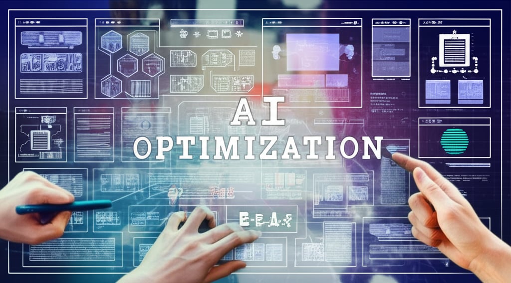 A blueprint or schematic overlaying a vibrant, thriving digital landscape (websites, content blocks). Hands are actively building and refining elements, connecting diverse components (representing user intent, schema, E-E-A-T). The overall image conveys growth, strategy, and precision. Text overlay: "AI OPTIMIZATION" in a clear, constructive blueprint-style font.