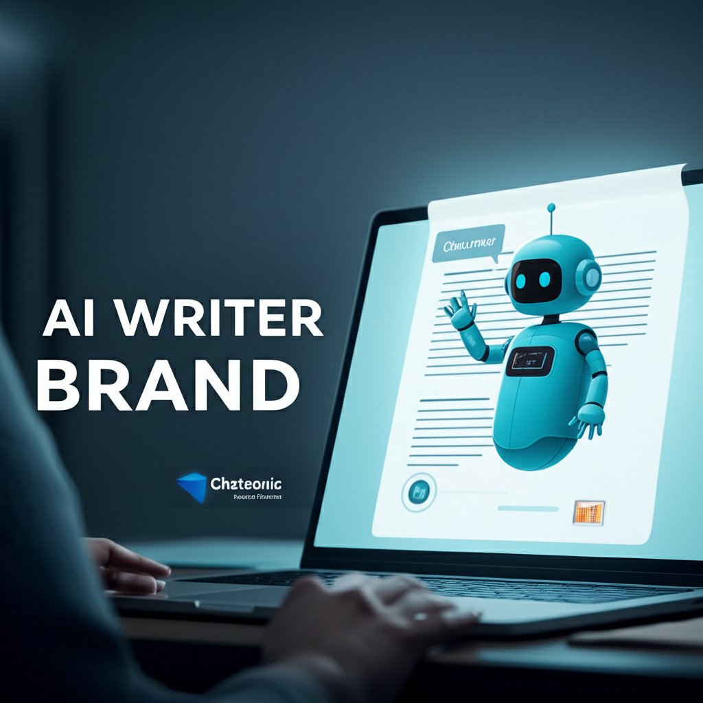 A stylized, friendly AI chatbot agent (Chatsonic) interacting with a content writer on a luminous screen. In the background, an article draft is dynamically forming and being refined. A subtle, modern brand logo is integrated into the scene. Prominently display the words "AI WRITER" and "BRAND" in large, clean fonts, suggesting collaboration and customization.