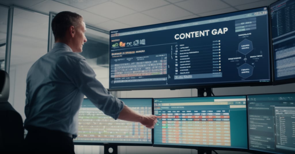 An illustrative image about: A dynamic, cinematic shot of a marketing strategist or SEO analyst in a modern, well-lit office. The