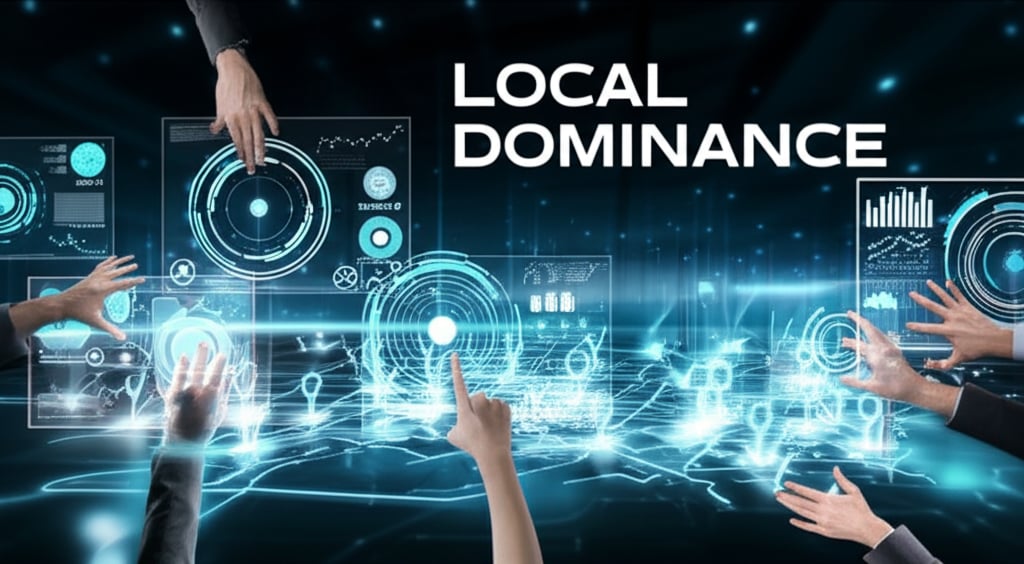 A strategic command center view overlooking a stylized, interactive city map. The map highlights successful local market penetration with glowing overlay data points, showing optimized routes and zones of influence. Hands are interacting with holographic screens displaying growth metrics, competitor analysis, and customer sentiment graphs. Holographic text in large, bold fonts above reads 'LOCAL' and 'DOMINANCE'. Futuristic, strategic, and success-oriented.