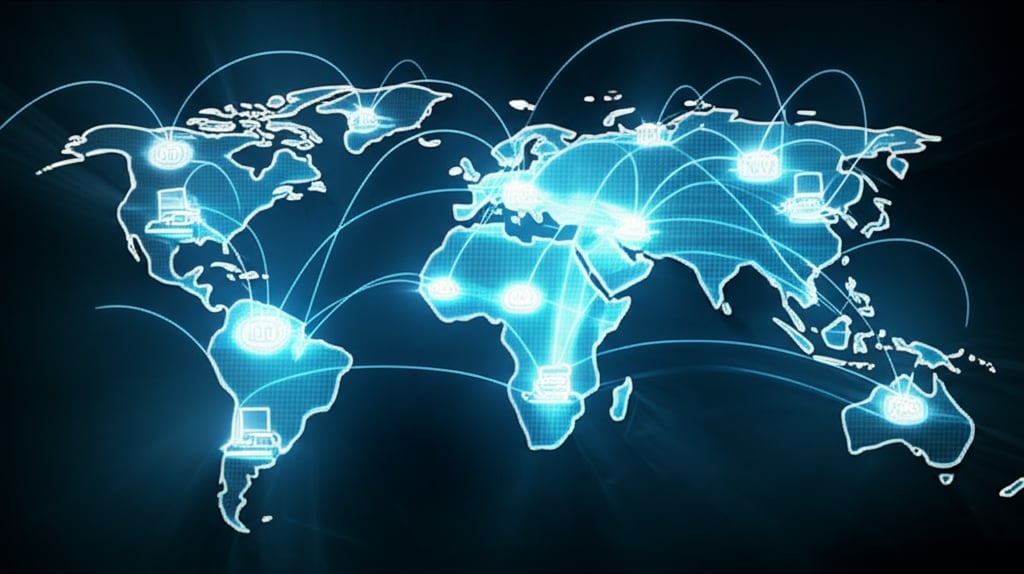 An illustrative image about: A futuristic, global network illustration featuring luminous data pathways crisscrossing continents.