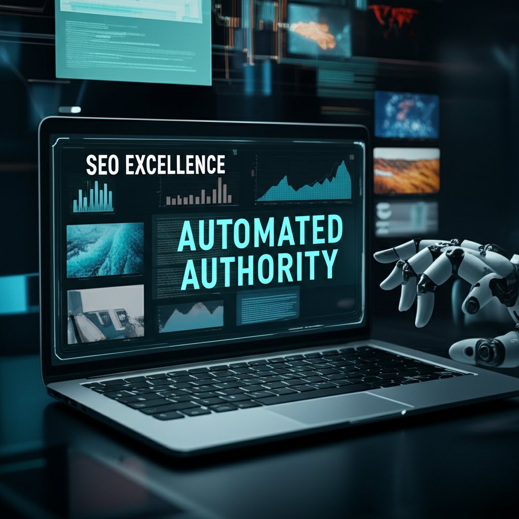 An illustrative image about: An intricate, futuristic AI-powered content automation platform. Visualize an intelligent machine or