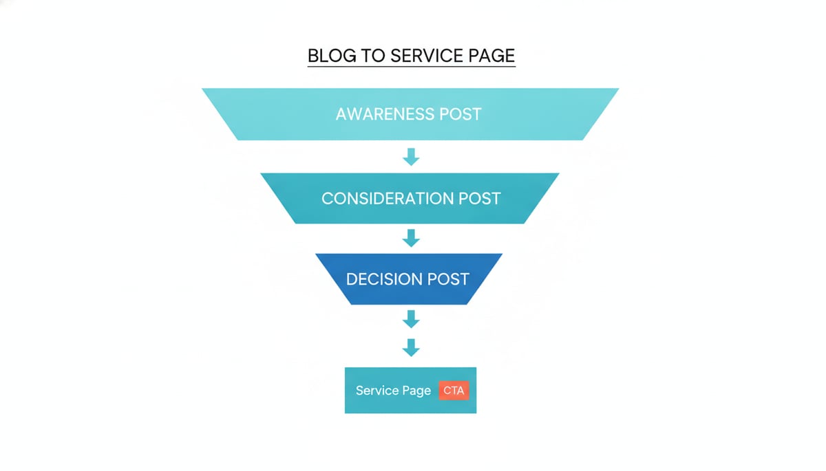 Flat illustrated funnel showing the blog-to-service-page journey through Awarene