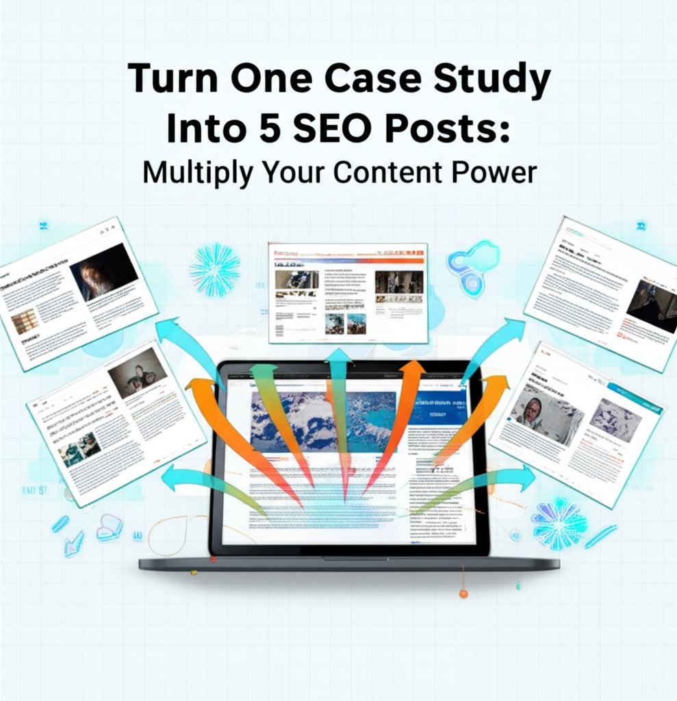 A modern YouTube thumbnail featuring a central digital case study expanding into five distinct SEO posts, with a bold, clear title.