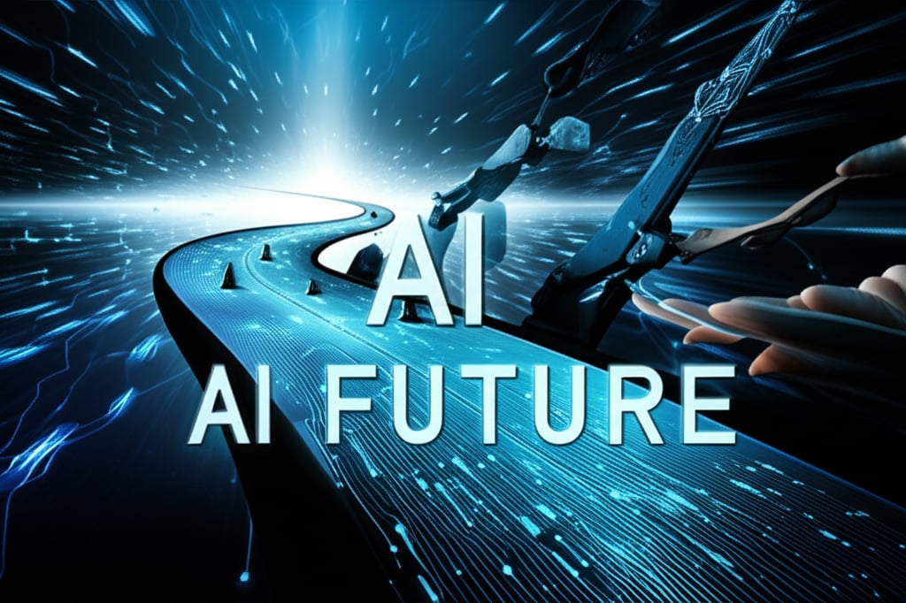 A visually striking representation of a challenging yet promising road ahead for AI. A winding digital path extends into a glowing, futuristic horizon, with abstract obstacles along the way. Human hands are subtly guiding or interacting with the AI elements, emphasizing human oversight. Large text overlayed: "AI FUTURE".