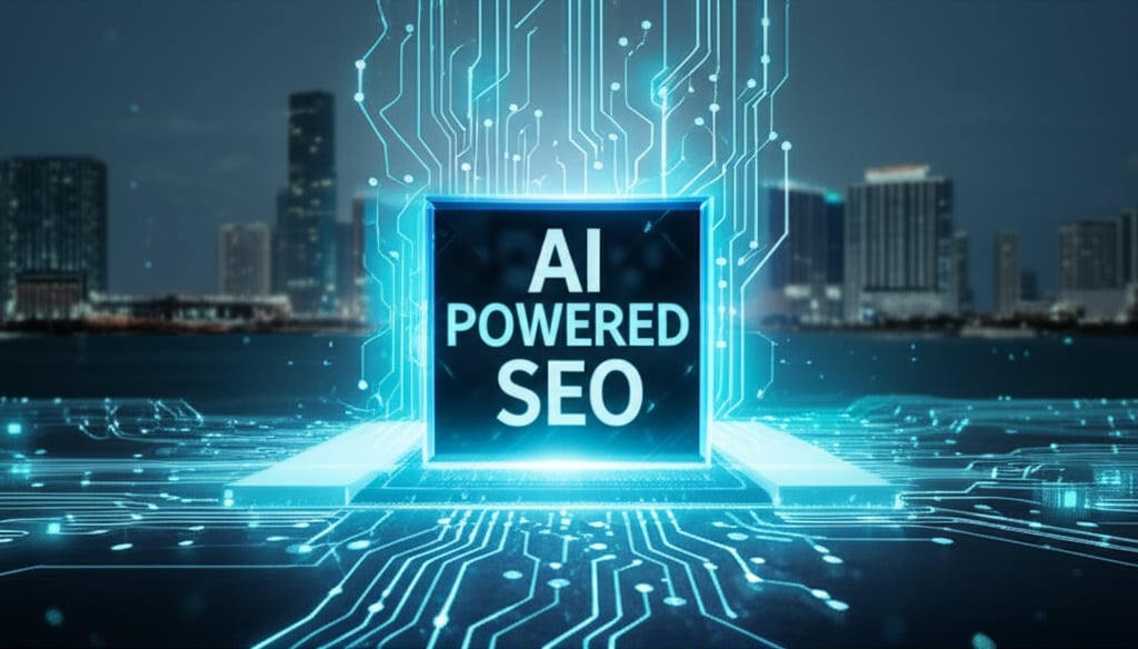 A vibrant, futuristic digital landscape shows glowing data converging on an AI core displaying 'AI POWERED SEO' over Miami.