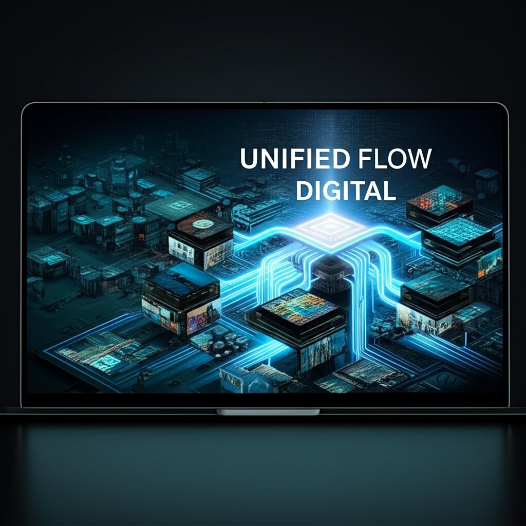 A sleek, futuristic digital cityscape where various disconnected digital islands (representing tools) are being seamlessly connected by bright, glowing data streams converging into a single, powerful central hub. The background shows a chaotic, fragmented digital landscape transforming into order. In large, clean font on a screen within the image: UNIFIED FLOW. Digital art, high contrast, vibrant colors.
