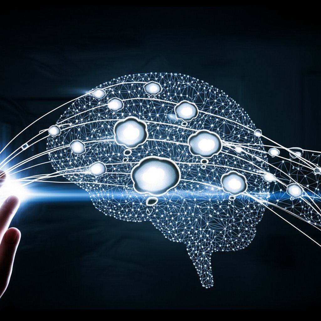 An illustrative image about: A high-tech, abstract visualization of a digital brain or neural network, with glowing data streams 