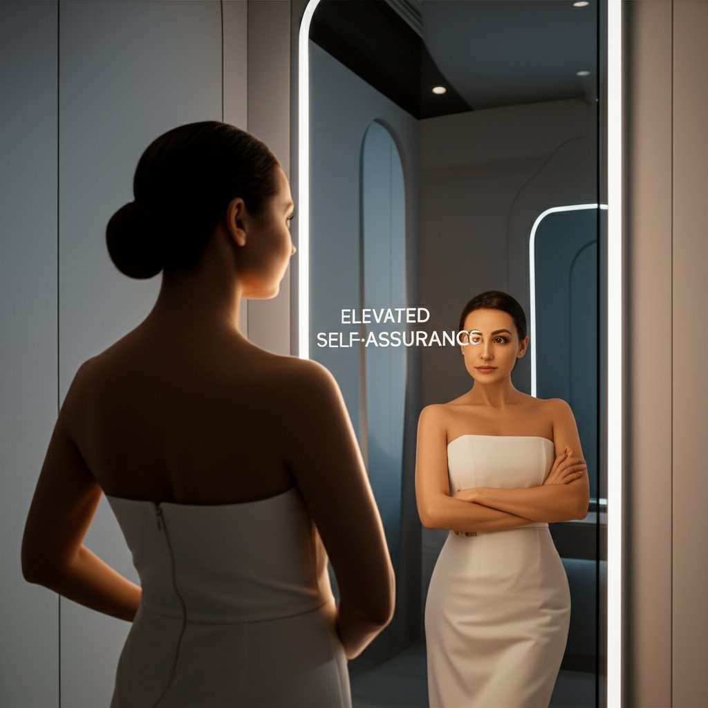 An illustrative image about: A confident, elegant woman with a radiant, subtle glow, standing in a sophisticated, minimalist aest