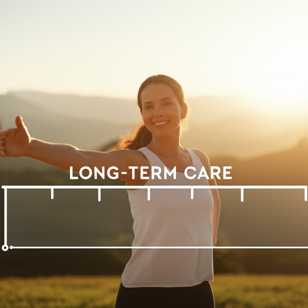 A serene, sunlit scene of a woman confidently doing light daily activities, with a subtle, stylized timeline graphic overlay representing long-term care and natural changes. Text overlay: 'LONG-TERM CARE'. Smooth, confident posture.