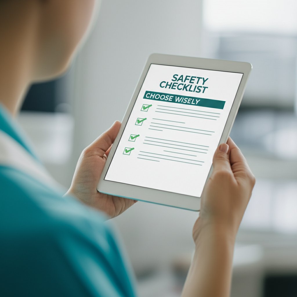 A bright, clean, and reassuring image featuring a hand holding a modern tablet or clipboard displaying a simplified checklist. Green checkmarks are visible. The background is softly blurred, hinting at a professional, accredited medical environment. The overall impression is one of clarity, safety, and informed decision-making. Large, bold text overlaid: 'SAFETY CHECKLIST CHOOSE WISELY'. Clear, professional aesthetic. Balanced composition.