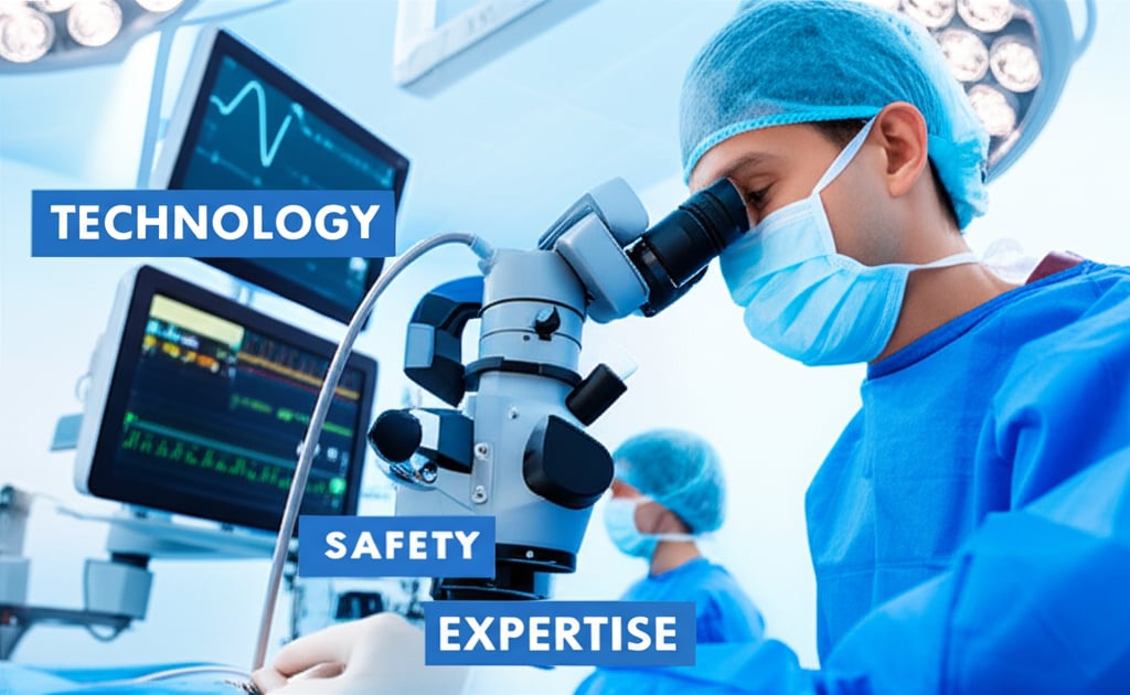 A realistic and clean image of a modern operating room. In the foreground, a highly skilled surgeon in sterile blue scrubs, mask, and cap is performing a delicate eye surgery, focused and precise. Advanced surgical equipment, such as a microscope and monitoring screens displaying vital signs, are clearly visible. The lighting is bright and sterile, emphasizing cleanliness and precision. In the background, another medical professional is assisting. The overall atmosphere conveys a sense of high technology, rigorous safety, and professional expertise. Text overlay: "TECHNOLOGY", "SAFETY", "EXPERTISE" in a clean, professional font.