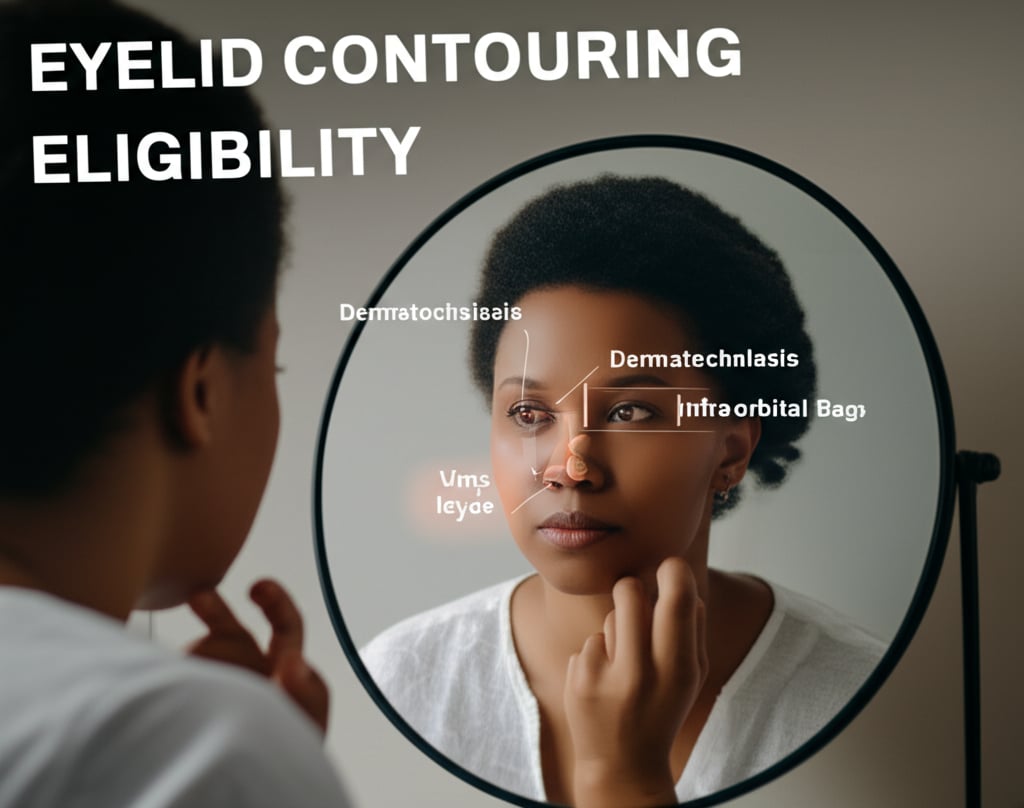 An illustrative image about: A conceptual image illustrating the decision-making process for eyelid contouring. A diverse person 