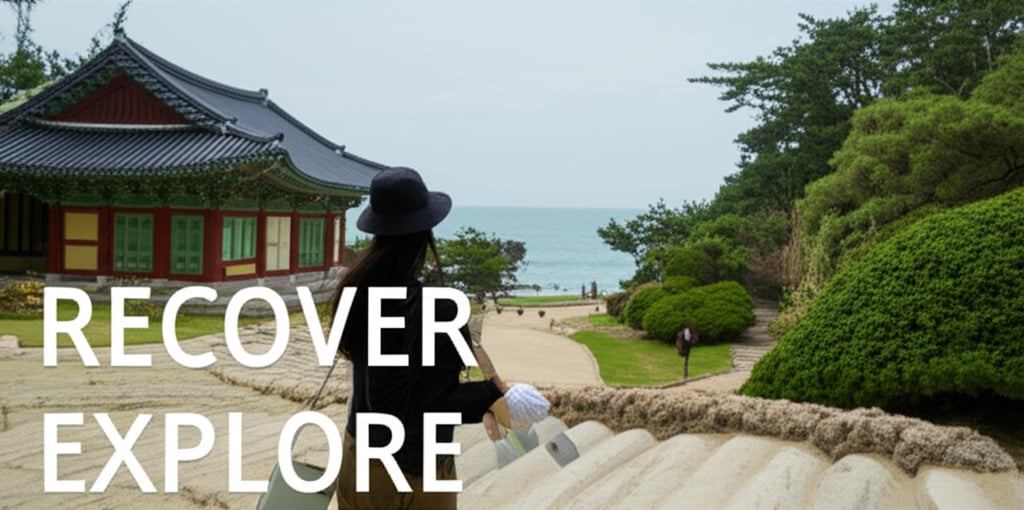 A serene, panoramic view of a person (gender neutral) gently exploring a beautiful, traditional South Korean temple garden or a scenic coastal path (like Jeju Island or Busan). The person is dressed comfortably, appearing relaxed and at peace, perhaps holding a small, discreet medical aftercare folder or a travel guide. The landscape features calm nature, traditional architecture, or ocean views, emphasizing healing and cultural immersion. Subtle indication of recovery. Text overlay in large, clean font: "RECOVER EXPLORE"