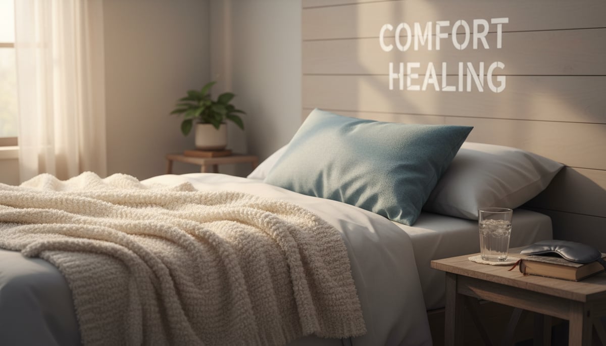 Cozy post-operative recovery scene with comfort items