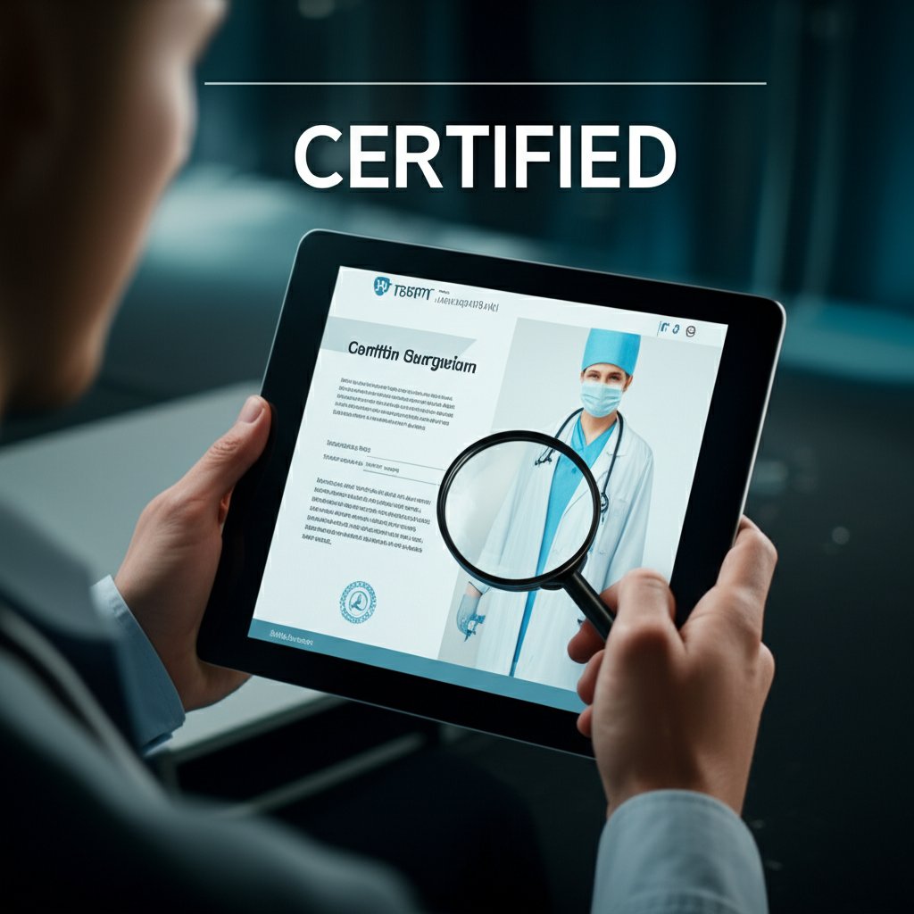 A close-up of a person's hands holding a tablet or looking at a computer screen, displaying an official certification document or verification website for a surgeon. A magnifying glass hovers over a key detail. The atmosphere is professional, diligent, and reassuring. Keywords: "VERIFY CERTIFIED" in clear, large fonts. Realistic, non-futuristic style.