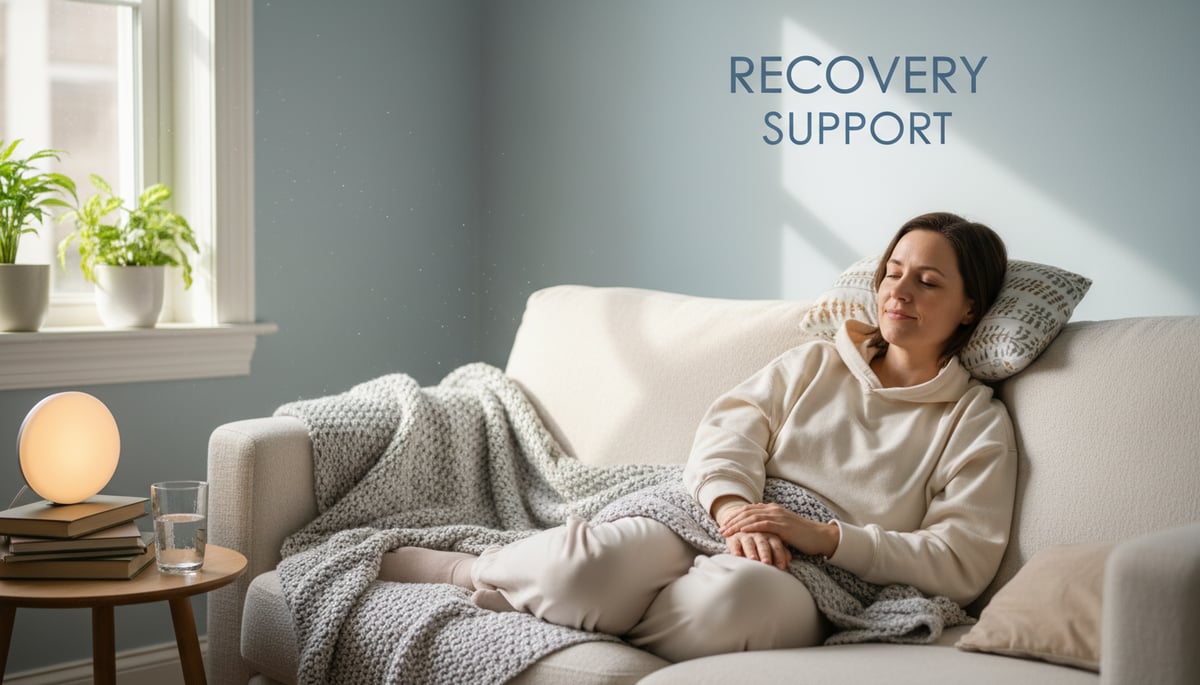 A serene and comfortable scene depicting a person (gender-neutral or female in her 30s) recovering peacefully in a cozy, bright room. They are wearing loose, comfortable clothing and perhaps have a soft blanket and a small travel pillow. There's a glass of water nearby and subtle hints of medical aftercare, like a small light therapy device or a gentle hand touching a bandaged area (without showing explicit wounds). The atmosphere is calm, reassuring, and focused on healing. Text in image: 'RECOVERY', 'SUPPORT'