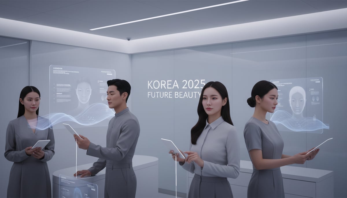 A futuristic, ultra-modern Korean aesthetic clinic interior bathed in soft, ambient lighting. Holographic interfaces display subtle facial contouring simulations and advanced beauty algorithms. A diverse group of ethnically Korean individuals, male and female, showcase refined, natural-looking beauty enhancements consistent with 2025 trends: delicate 'v-line' jaws, subtly enlarged eyes, and graceful nose bridges, all appearing effortlessly integrated. They interact with sleek, minimalist devices. In the background, large, elegant text overlay reads 'KOREA 2025' and 'FUTURE BEAUTY'. The atmosphere is serene, sophisticated, and technologically advanced, emphasizing a harmonious blend of nature and innovation. High resolution, hyperrealistic, cinematic.