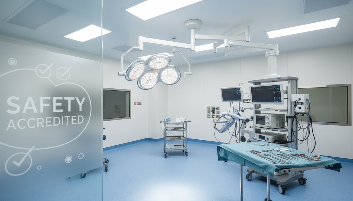 A clean, modern operating room showcasing rigorous safety standards and accreditation.