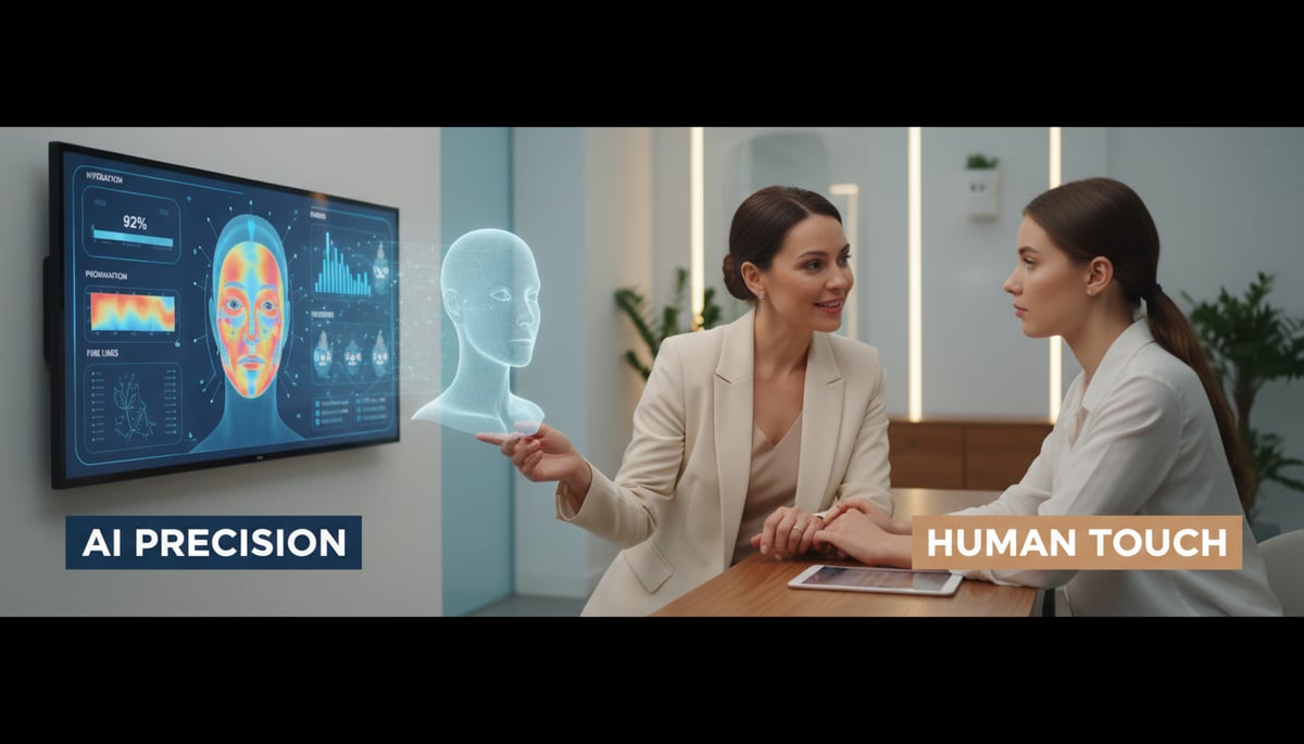 A harmonious blend of AI precision and human touch in a beauty consultation setting.