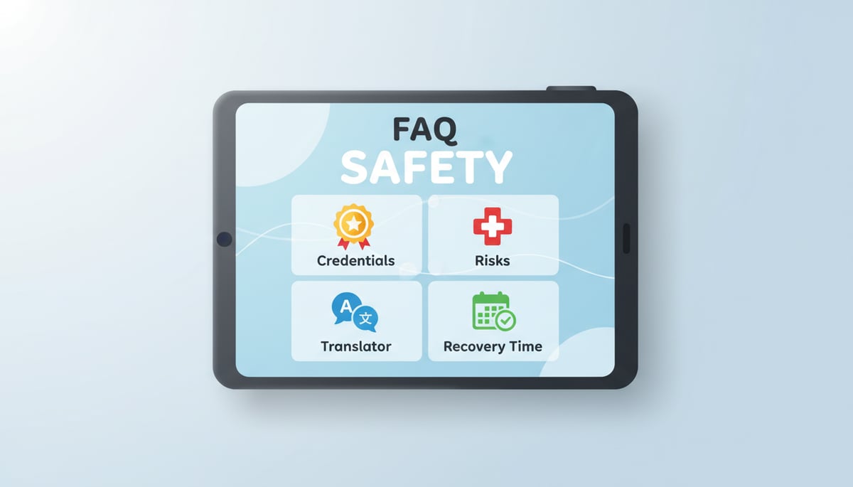 A clear and informative graphic design featuring an open book or a digital screen with a 'FAQ' title. Several key questions are represented by small icons: a certification badge for 'credentials', a first-aid cross for 'risks', a speech bubble for 'translator', and a calendar for 'recovery time'. The overall design should be reassuring and easy to understand. Text overlay: 'SAFETY', 'FAQ'. Not futuristic.