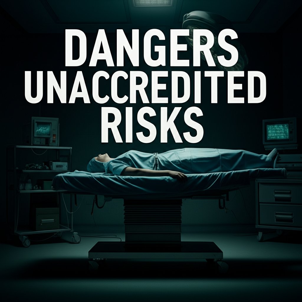 A wide, cinematic shot inside a sterile but dimly lit and unsettling operating room, showing a gurney with a blurred patient figure. Shadows loom. Equipment appears old or out of place. The atmosphere is tense and unsafe, conveying the hidden dangers of non-accredited clinics. Large, bold text overlaid: 'DANGERS UNACCREDITED RISKS'. Ominous lighting, focus on a sense of unease. Wide angle.