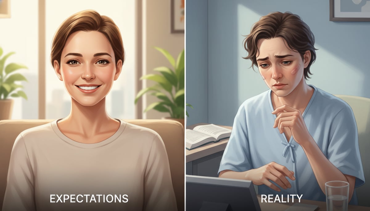 A balanced, realistic illustration depicting two contrasting scenarios side-by-side. On one side, a smiling patient looking satisfied, representing 'EXPECTATIONS'. On the other side, a patient with a slightly concerned or pensive expression, perhaps with subtle signs of recovery like mild swelling, representing 'REALITY'. The art style should be grounded and empathetic, avoiding exaggeration. Text overlay: 'REALITY', 'EXPECTATIONS'. Not futuristic.