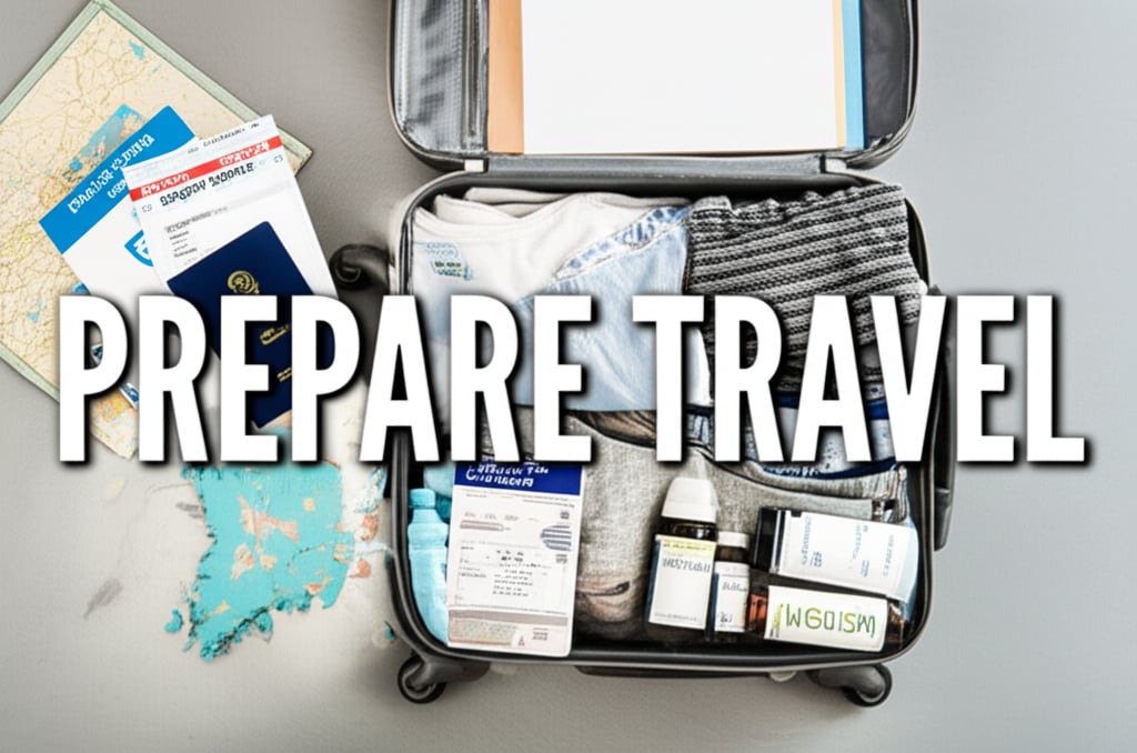 A top-down view of an organized travel preparation scene. A valid passport, a printed visa document for South Korea, a stack of medical records clearly labeled "English Copies", a medical travel insurance policy document, and a small, open suitcase with neatly folded, loose, comfortable clothing and personal medication bottles (with "English Prescriptions" labels). A Korean map or travel guide is visible nearby. The setting is bright and reassuring. Text overlay in large, clean font: "PREPARE TRAVEL"