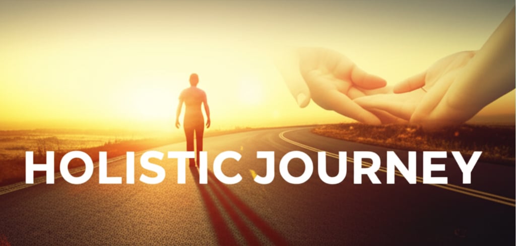 A metaphorical, panoramic image depicting a winding path leading towards a bright, expansive horizon at sunrise, symbolizing a journey of holistic recovery. Along the path, subtle visual cues represent support and progress: a gentle silhouette of a person walking, and hands offering support or care. The words "HOLISTIC" and "JOURNEY" are integrated in large, inspiring fonts, blending with the landscape.