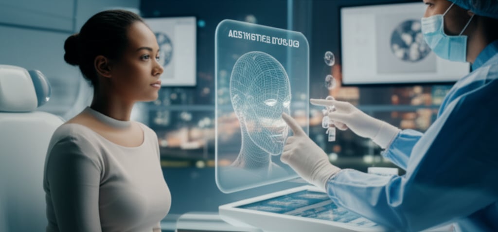 A futuristic, pristine white Korean plastic surgery clinic. In the foreground, a young, ethnically diverse patient sits, looking intently at a transparent holographic 3D model of their face, subtly highlighting potential, delicate changes. A highly skilled surgeon, wearing sterile gloves, gestures towards the projection, explaining complex procedures using advanced, glowing digital interfaces embedded in the table. The background features blurred reflections of Seoul's city lights and subtle, rapidly scrolling digital displays showcasing abstract beauty trends. The overall atmosphere is one of technological precision blended with a nuanced sense of societal influence. Above the holographic display, large, sleek, minimalist text reads: 'AESTHETICS EVOLVED'.