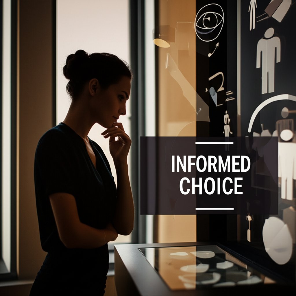 A woman looking thoughtfully at a reflection or a choice, silhouette in an elegant, modern setting. Abstract elements symbolizing decision-making and empowerment. Text overlay: 'INFORMED CHOICE'. Balanced composition.