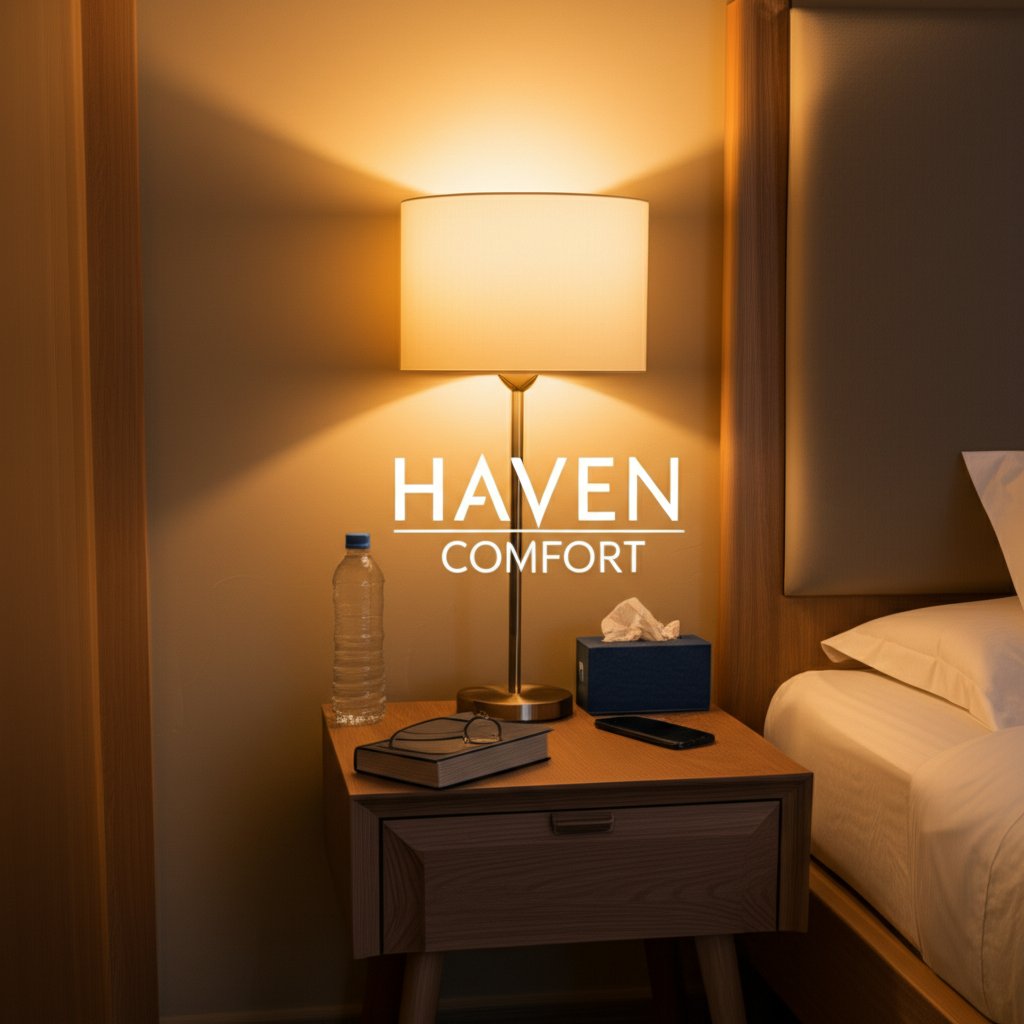 An inviting and organized recovery room with soft, warm lighting. A comfortable bed is visible, and a bedside table holds essential items like a water bottle, a book, a phone, and tissues, all within easy reach. The atmosphere is peaceful and promotes rest. The words "HAVEN" and "COMFORT" are displayed in elegant, large fonts within the space.
