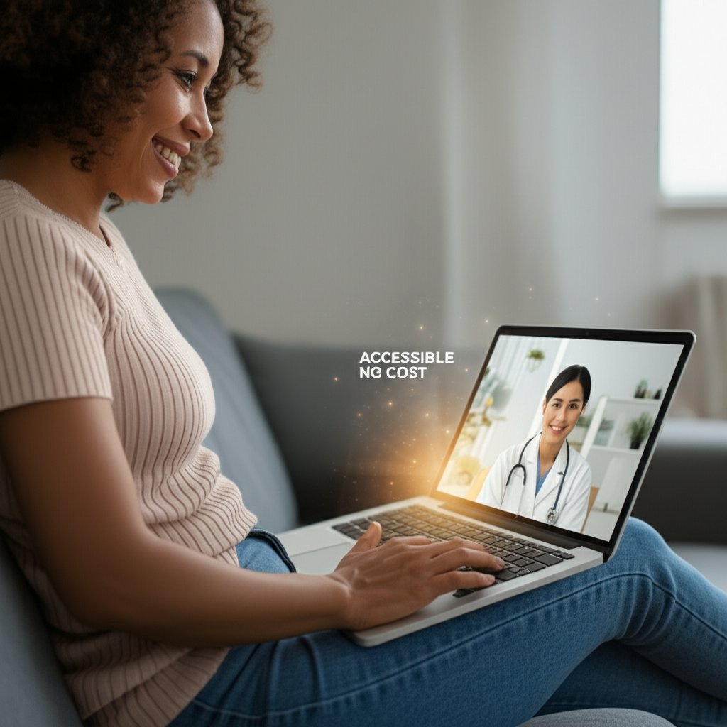 An illustrative image about: A cinematic, modern shot of a diverse person (e.g., a woman in her 30s) comfortably seated at home,