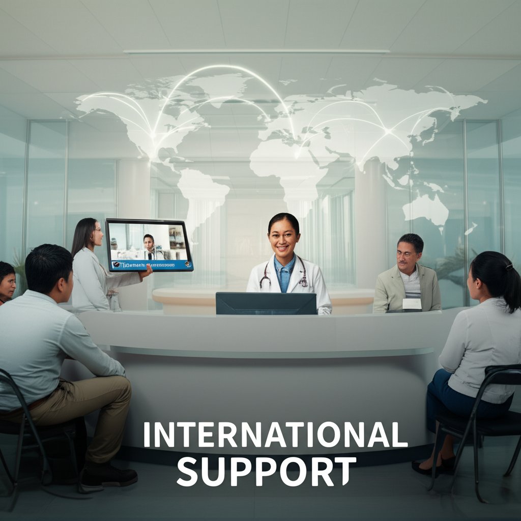 An illustrative image about: A warm, inviting scene depicting a diverse group of international patients (various ethnicities) com
