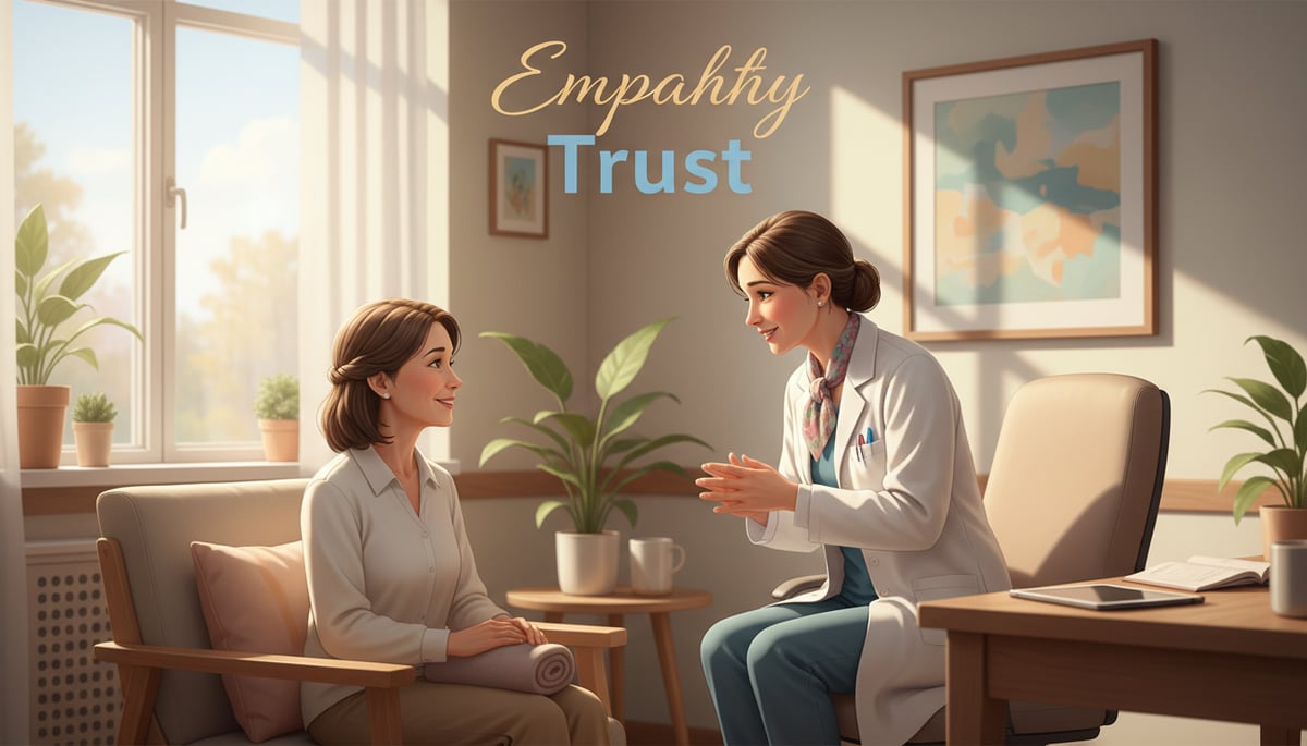 A compassionate doctor discussing options with a patient, conveying empathy and trust.