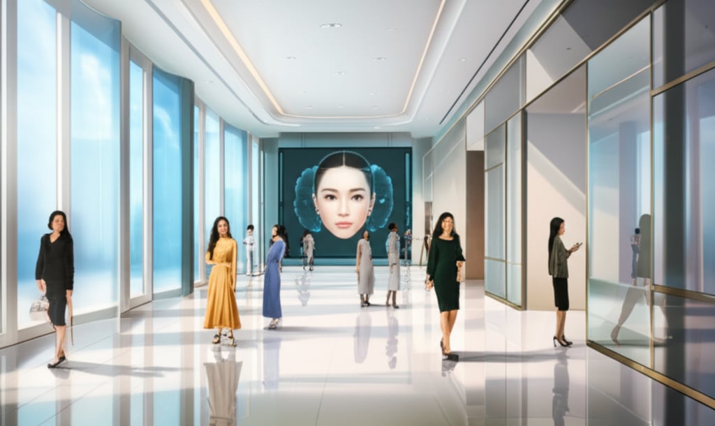 An illustrative image about: A futuristic, sunlit lobby of a high-end South Korean cosmetic clinic, featuring sleek glass and pol