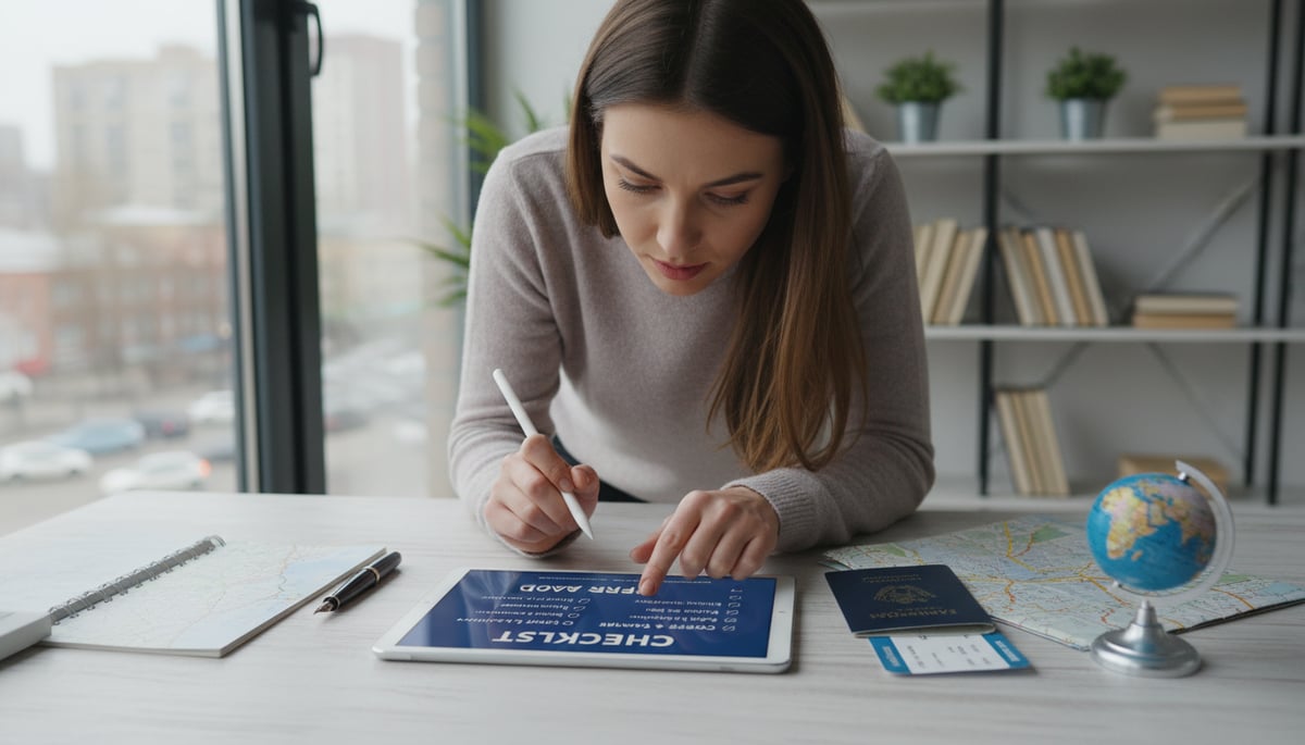 A determined woman meticulously reviews a comprehensive checklist on a modern tablet, surrounded by essential travel documents like a passport and plane tickets, all laid out on a clean, light-colored desk. A small, stylized globe and a pen are nearby. The background is a bright, organized room with a subtle hint of a cityscape outside a window, suggesting a journey. The tablet screen prominently displays large, bold text: 'CHECKLIST' and 'PREPARE ABROAD'.