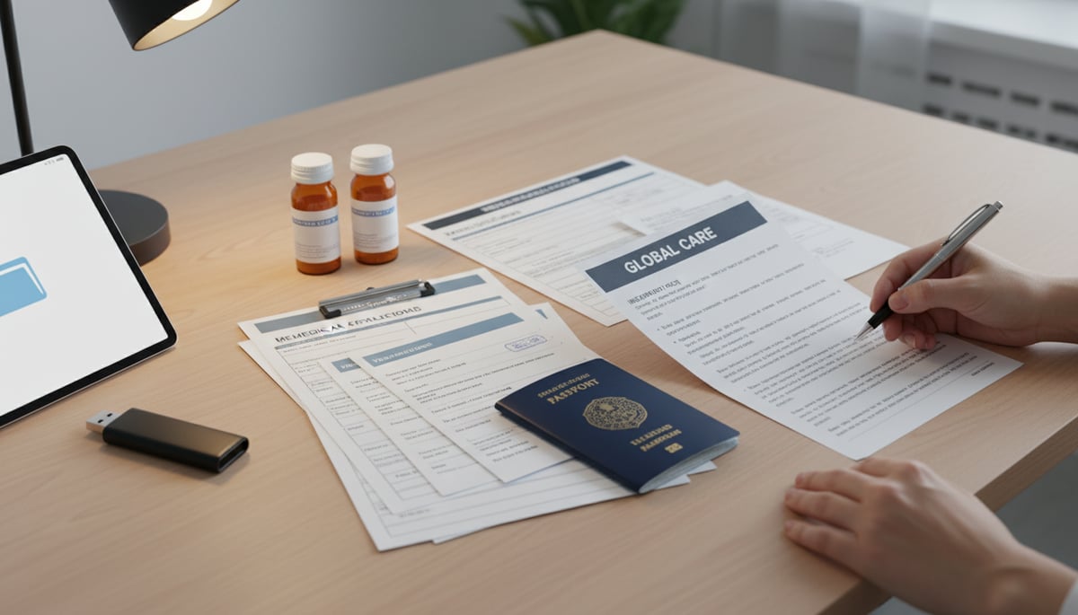 Organized medical and travel documents on a desk