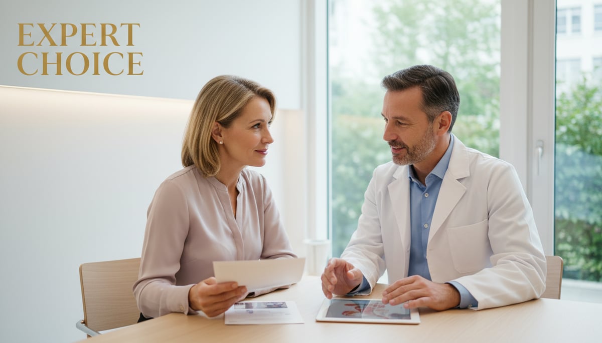 A realistic depiction of a mature female patient (40s-50s) having a thoughtful and reassuring consultation with a professional, empathetic facial plastic surgeon (40s-50s) in a clean, modern clinic office. They are seated across from each other, possibly gesturing towards a subtle visual aid like a tablet or brochure, conveying expertise and trust. Focus on a natural, approachable aesthetic. No futuristic elements. Text overlay on image: 'EXPERT CHOICE' in prominent, elegant typography.
