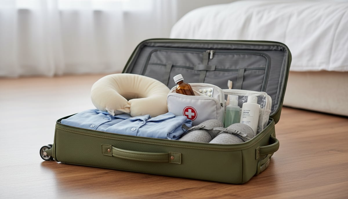 Suitcase packed with recovery essentials for medical travel
