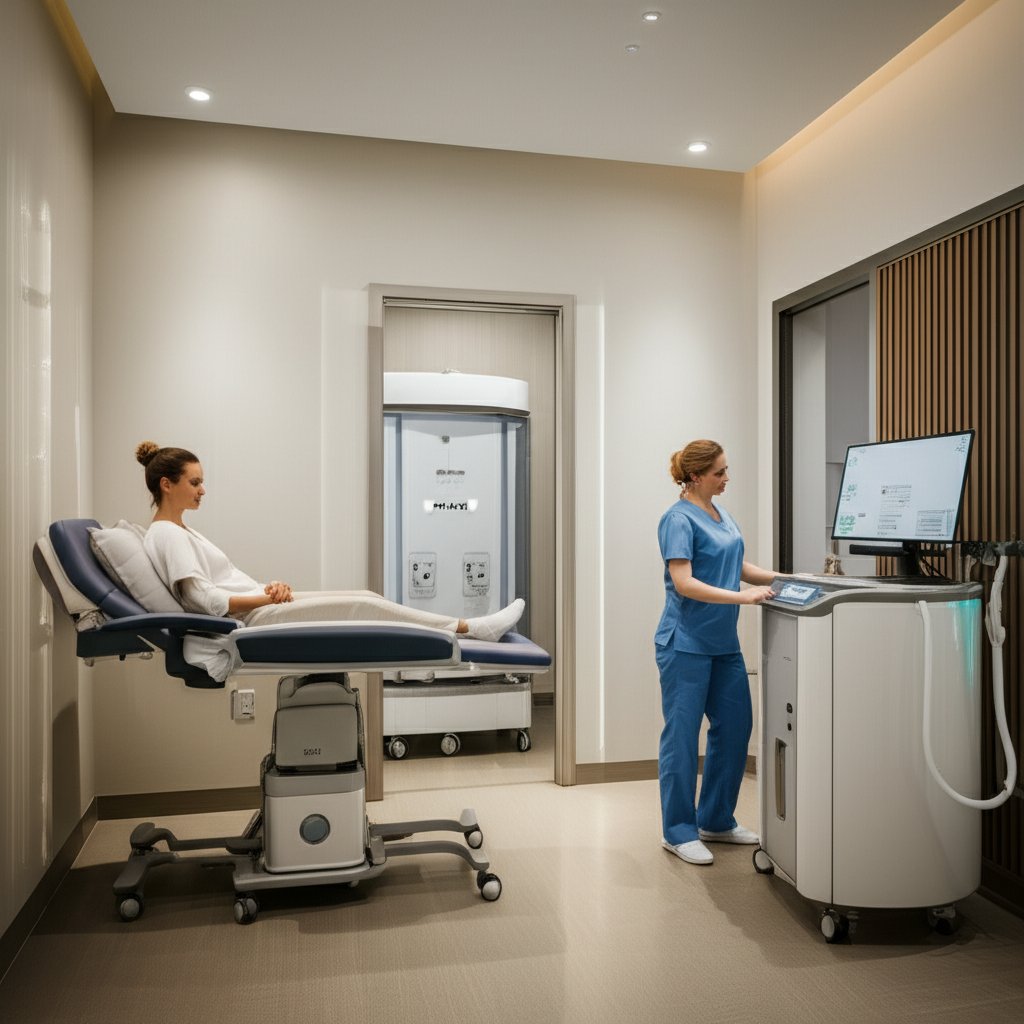 An illustrative image about: A tranquil, tastefully decorated private recovery room in a modern clinic. A patient, serene and com