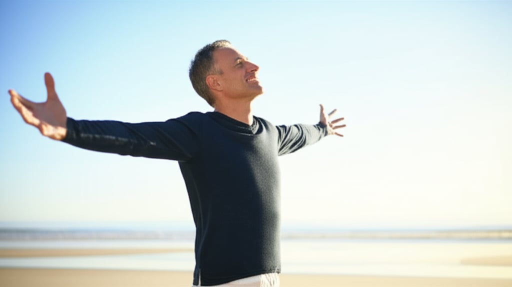 An illustrative image about: A person in their early 30s, with a joyful, self-assured expression, standing on a beach at dawn, ar