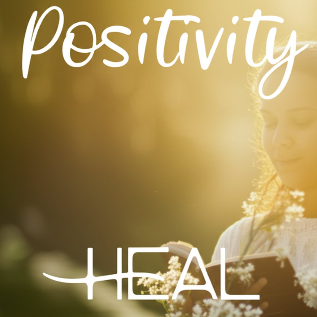 A tranquil image of a person with a gentle, positive expression, perhaps engaged in a calming activity like meditating or reading, surrounded by a soft, warm glow. Subtle elements symbolizing peace and growth, like blooming flowers or a calm, blurred natural background, are present. The words "POSITIVITY" and "HEAL" are featured in large, uplifting fonts.