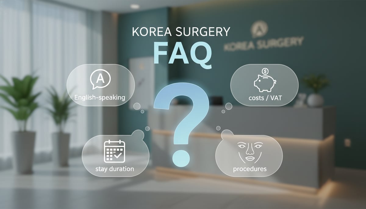An informative and clean graphic design representing frequently asked questions. The central focus is a large question mark icon, surrounded by smaller thought bubbles or speech bubbles containing simplified icons or keywords related to the section's content: a speech bubble with an 'A' for 'English-speaking', a piggy bank for 'costs'/'VAT', a small calendar for 'stay duration', and a subtle outline of different facial features for 'procedures'. The background is soft and professional, implying a clinic or consultation setting. Text in image: 'FAQ', 'KOREA SURGERY'
