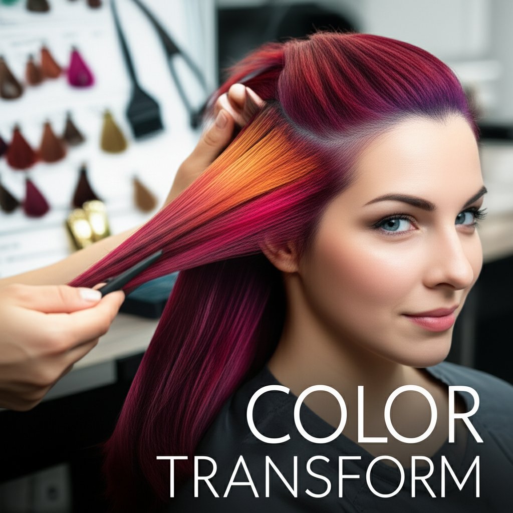 A vibrant hair color being applied by a professional stylist in a salon