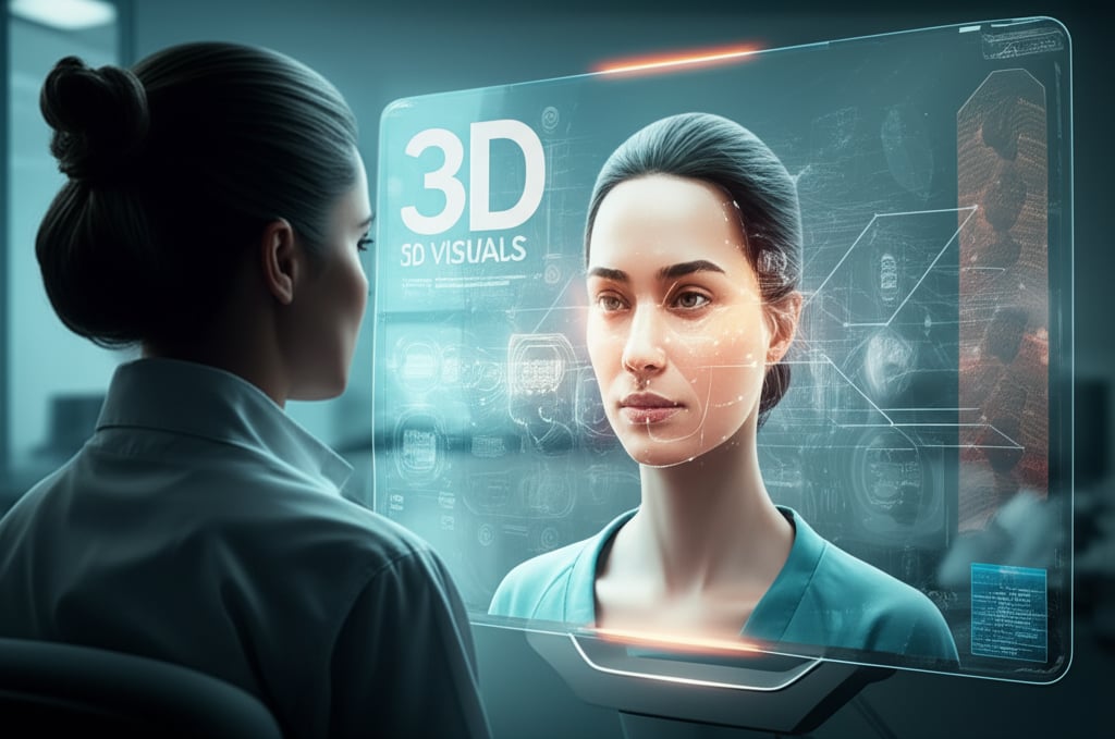 An illustrative image about: A futuristic, high-tech shot of a diverse patient (e.g., a woman in her 30s) having a virtual consul