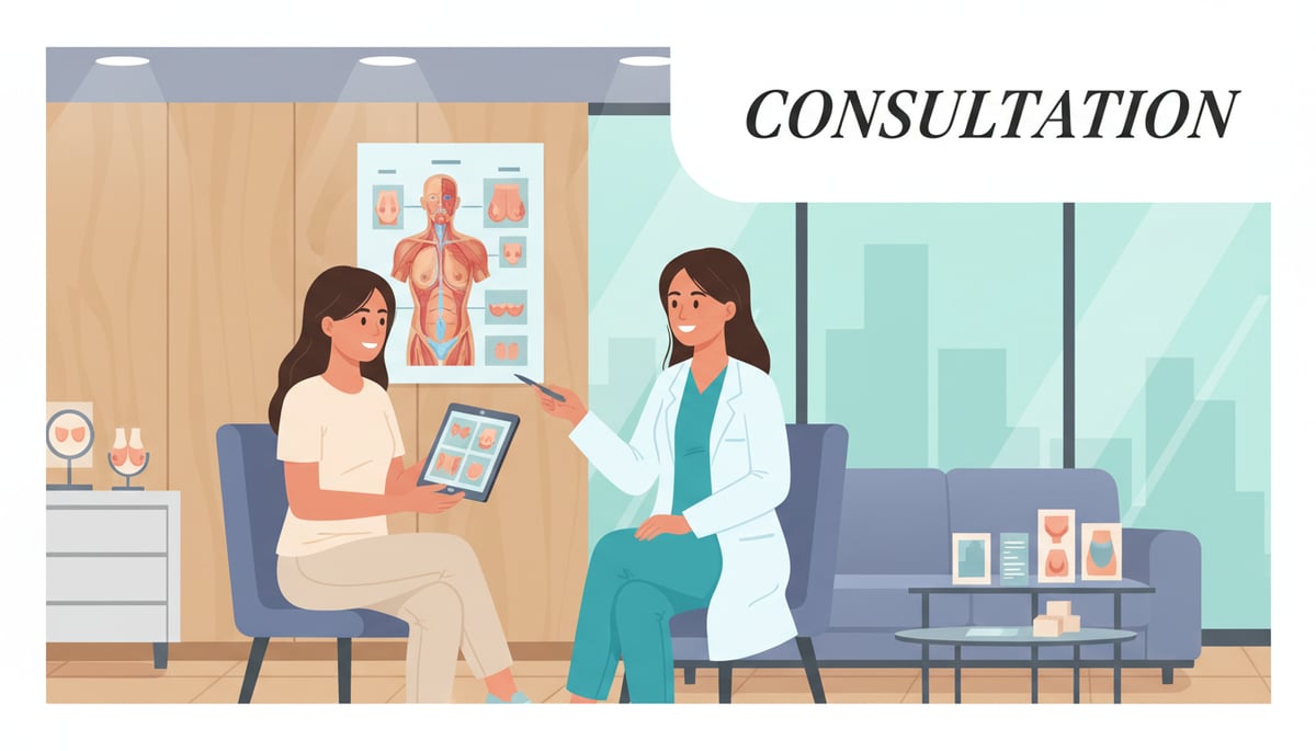 A patient and surgeon discussing breast augmentation options in a consultation room.