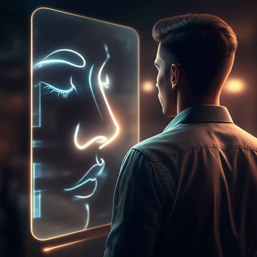 An illustrative image about: A thoughtful individual, seen from behind, looking at a stylized, glowing reflection of a symmetrica