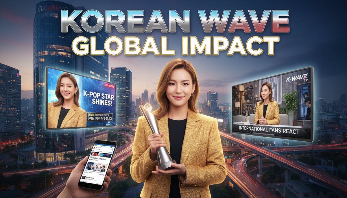 A vibrant, dynamic montage showcasing the transformative power of Korean media recognition. A central figure or product is spotlighted, radiating success, surrounded by multiple glowing screens: a large LED billboard in a futuristic Seoul cityscape displaying their image prominently, a smartphone showing a trending Korean news article, and a television screen featuring an interview segment. The background is a softly blurred, bustling modern metropolis, hinting at global reach. Bold, stylishly integrated text overlay reads: 'KOREAN WAVE' and 'GLOBAL IMPACT' in large, impactful fonts, emphasizing the significance of being featured.